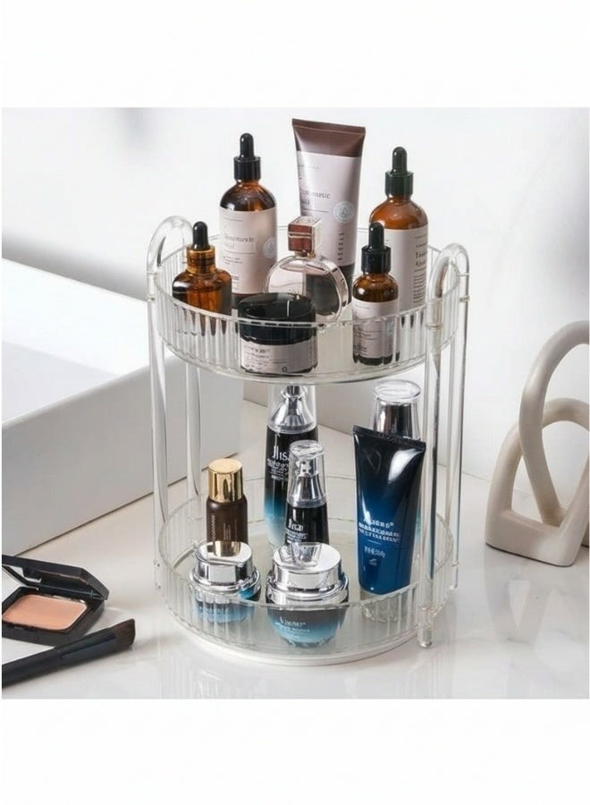 منظمة مكياج وعطور أكريليك دوّارة 360 درجة مكوّنة من طبقتين بسعة تخزين كبيرة – حامل شفاف فاخر لتنظيم وتخزين مستحضرات التجميل والعناية بالبشرة والعطور والكريمات والسيروم وأدوات المكياج بشكل أنيق وعملي على التسريحة أو داخل غرفة النوم والحمام - Image 4